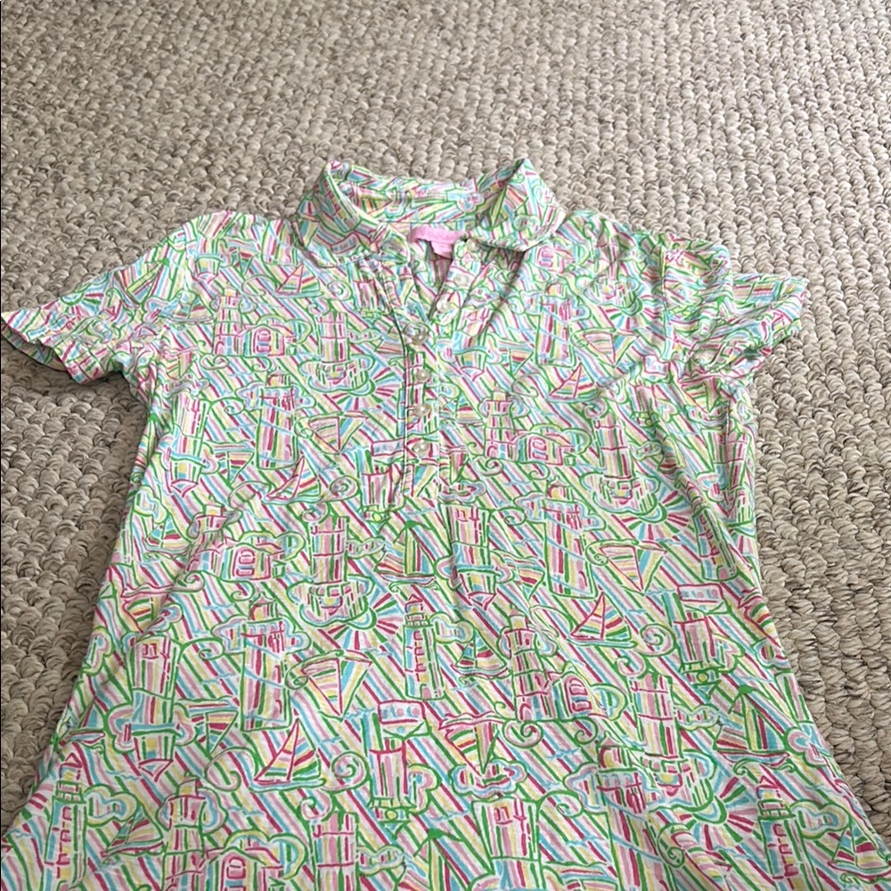 Lilly Pulitzer Colorful sailboat and lighthouse Patterned Polo Shirt